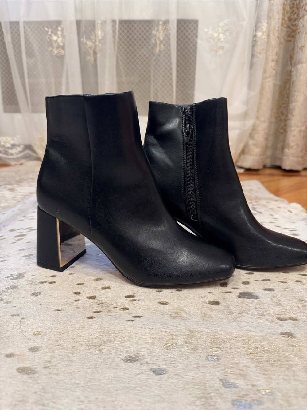 XOXO Black Leather Ankle Booties with Mirror Block Heel